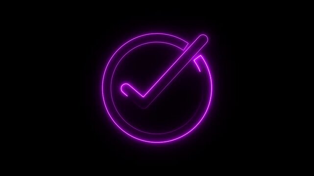 Neon check mark on black background, checkmark animation symbol, yes approve choice, approved tick mark, verified symbol, yes icon,