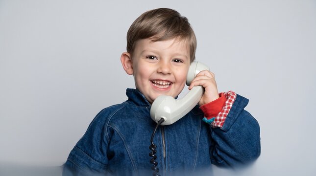 Happy Child Talking on Vintage Rotary Telephone