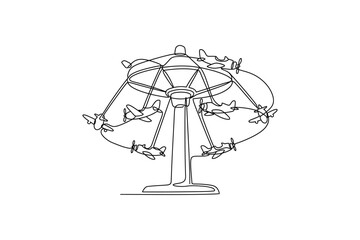 Obraz premium A continuous single line drawing of a vintage airplane amusement park ride.