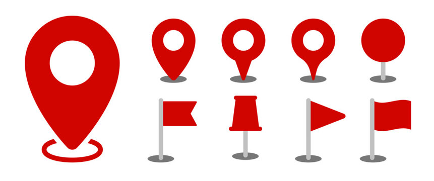 Red Location Pin Map Marker And Flag Icon Set Vector Template For Travel Navigation Mobile App Delivery Tracking And GPS Graphic