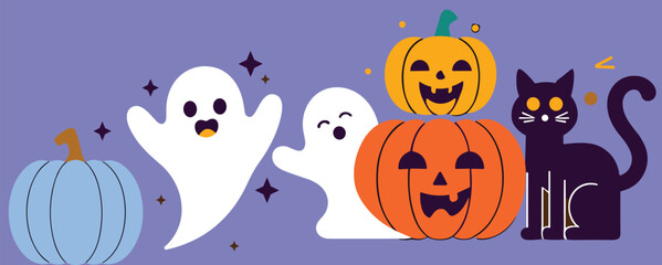Naklejka premium Cute Halloween Scene with Ghosts Pumpkins Black Cat and Blue Pumpkin Cartoon Characters Vector Illustration