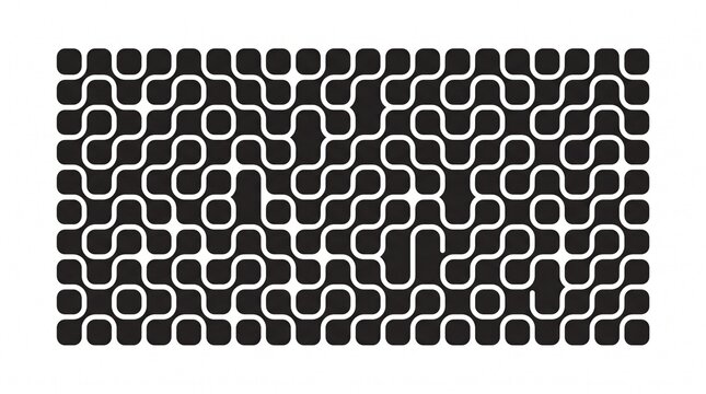 A black and white abstract geometric pattern of connecting lines and rounded shapes.