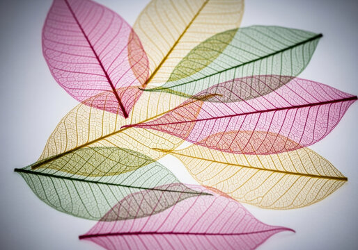 Group of dried skeleton leaves in assorted colors like pink green and yellow arranged on light surface creating beautiful patterns of delicate webs.