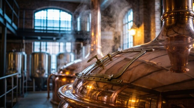 Copper brewing vats in a traditional industrial brewery