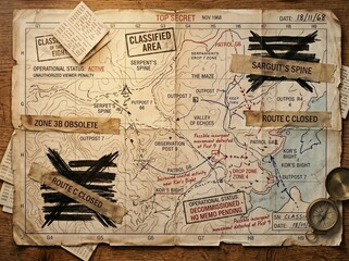 Obraz premium Top Secret Vintage Military Tactical Map with Classified Notes, Compass, and Pen