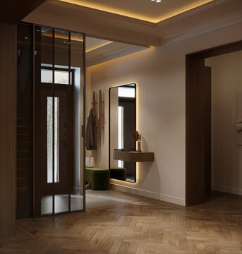 Elegant contemporary foyer with illuminated mirror, wood accents, custom millwork, and warm architectural lighting creating a refined residential entrance.