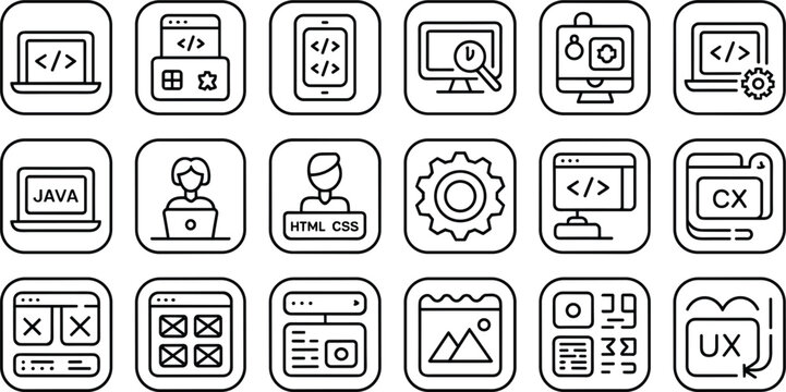 Web development line icons set for software programming digital coding application design and user interface layout
