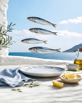 Mesa en terraza de pueblo costero, en verano, con plato, y aceite de oliva, sardinas volando sobre el plato. Mediterr&aacute;neo, surrealista.