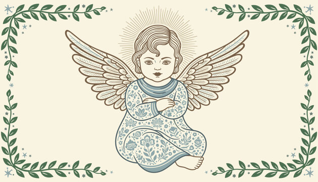 Lovely vintage style illustration of a sweet baby angel with wings wearing floral patterned pajamas framed by green leaves.