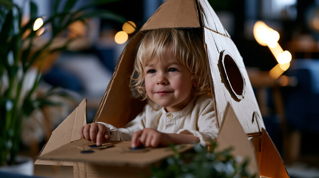 Child in cardboard rocket ship presses imaginary launch buttons in living room, solo imaginative play, childhood unstructured creativity, make-believe space exploration, indoor fantasy roleplay, pre