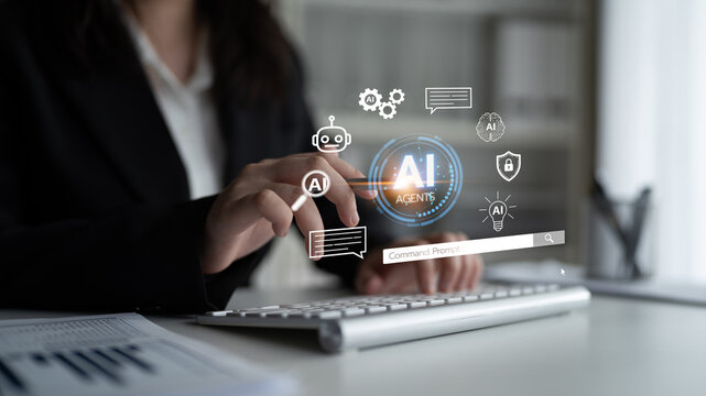 Business Professional Interacting with Artificial Intelligence Interface and Digital Icons in a Modern Workspace. Entropy.