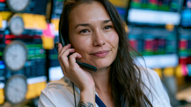 Dispatch coordinator pressing a headset tightly while tracking multiple simultaneous delivery windows on a wall of monitors, clocks showing various city time zones, sticky note reminders covering mo