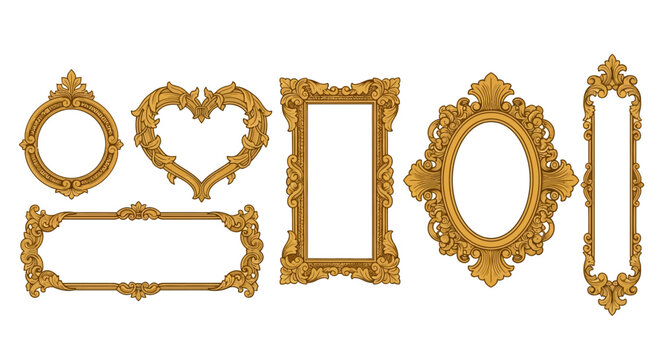 Set of golden vintage ornate frames with baroque style heart circle and rectangle borders