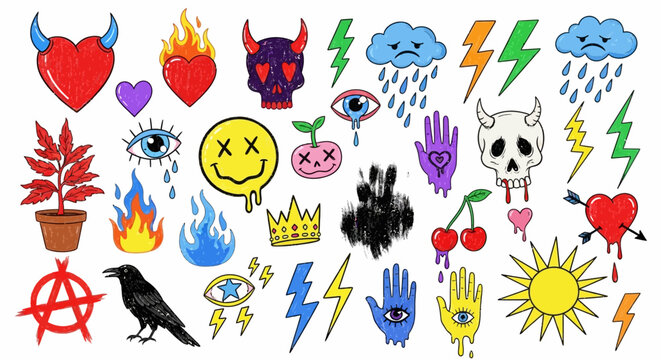 A Collection of Assorted Doodle Icons Featuring Hearts, Skulls, Flames, and Lightning Bolts with a Dark and Edgy Aesthetic