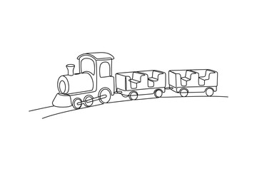 Fototapeta premium A simple black and white line drawing of a toy steam train with two passenger carriages.