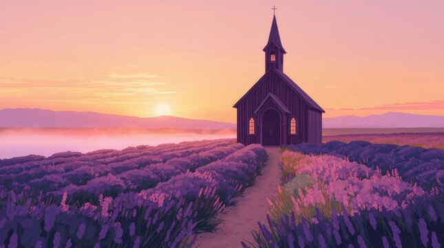 Serene wooden chapel nestled in blooming lavender fields at sunset