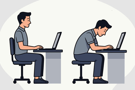 Informative comparative illustration showing correct ergonomic sitting posture versus incorrect slouched posture.