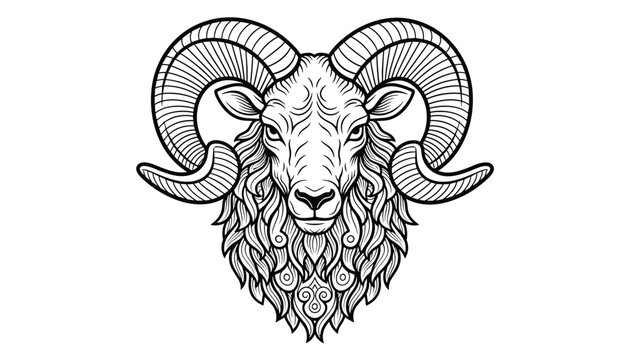 Detailed black and white vector line art of a powerful ram head with magnificent curved horns and thick woolly beard.