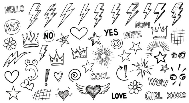 A collection of hand-drawn vector doodle elements including hearts, stars, crowns, lightning bolts, and inspirational words on a white background