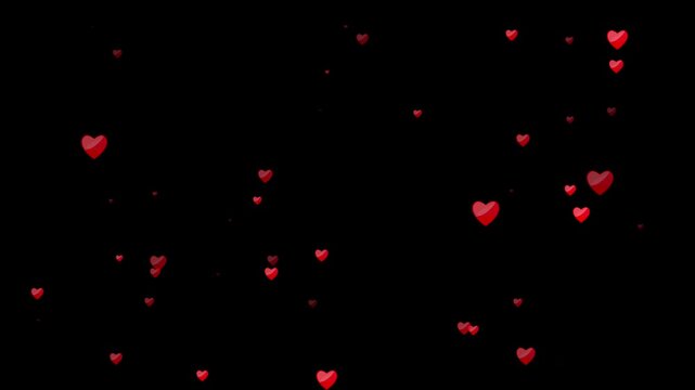 Valentines day hearts icon animation on black screen background, romantic red heart flying in 4K video, love icon, anniversary celebration blank social media stream motion background loop