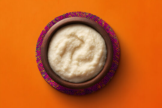 Traditional Botswana halal Pap maize porridge in ornate wooden bowl on orange background, top view.
