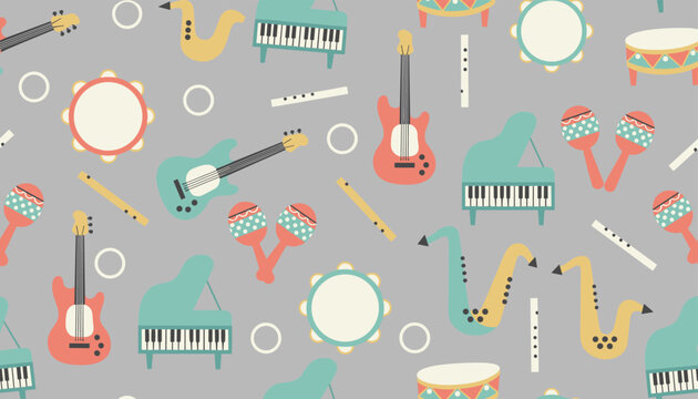 Fun seamless pattern of various colorful musical instruments including guitars, pianos, saxophones, and drums.