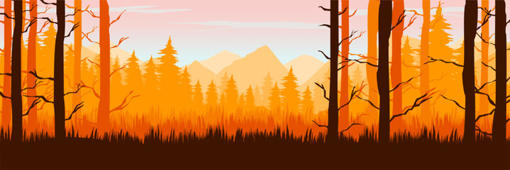 Dreamy misty pine wilderness graphic resource with striking warm autumn framing © FahrizalNurMuhammad
