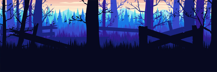 Modern minimalist vector scenery banner featuring striking warm evening woods © FahrizalNurMuhammad