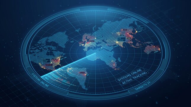 Futuristic HUD radar map display tracking global data networks and cyber security connection targets
