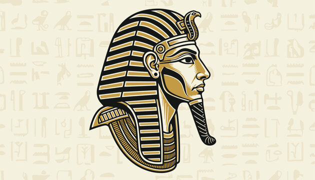 Detailed profile illustration of an ancient Egyptian pharaoh wearing a traditional headdress against a soft hieroglyph-patterned background.
