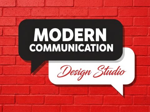 Modern communication design studio speech bubble on red brick wall, branding and identity