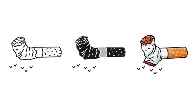 Cigarette butt vector icons set, hand drawn cigarette stubs in line art and color, crushed tobacco smoke waste for anti-smoking campaigns