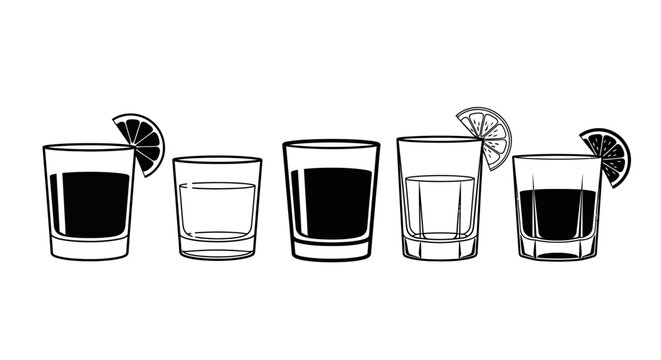 Minimalist cocktail glass icons set, black and white liquor shot glasses with citrus garnish, 5 vector drink illustrations for bar menus