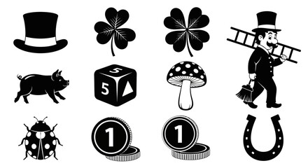 Lucky charms and good luck symbols set, black and white vector icons with chimney sweep, horseshoe, four leaf clover and ladybug © Mecklenburglaan