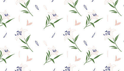Obraz premium Seamless floral wallpaper pattern featuring delicate white lilies with green leaves and petals scattered on white background.