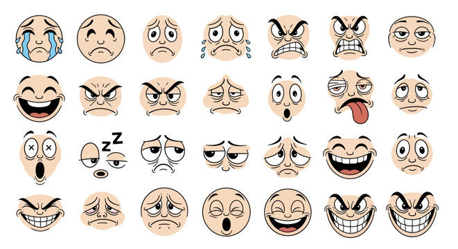 Cartoon emoji face icons set, 28 expressive character avatars with various emotions, hand drawn comic style facial expressions vector