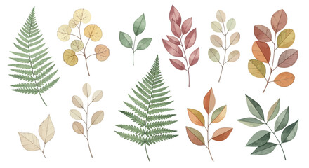 Watercolor botanical leaves collection, set of 12 hand painted autumn foliage vectors, earthy green and orange fern and eucalyptus branches © Mecklenburglaan