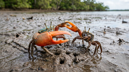 Close up of Male fiddler crabs or Ghost crab (Ocypodidae) display the claw and fight to protect their small patch of beach from intruders on the muddy tidal flat, Northern Australia.  © pinan
