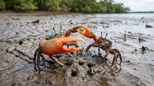 Close up of Male fiddler crabs or Ghost crab (Ocypodidae) display the claw and fight to protect their small patch of beach from intruders on the muddy tidal flat, Northern Australia.
