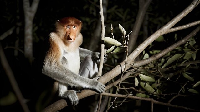 Male Proboscis Monkey (Nasalis larvatus) chewing dry mangrove leaves for attracting mate, Borneo, Malaysia.
