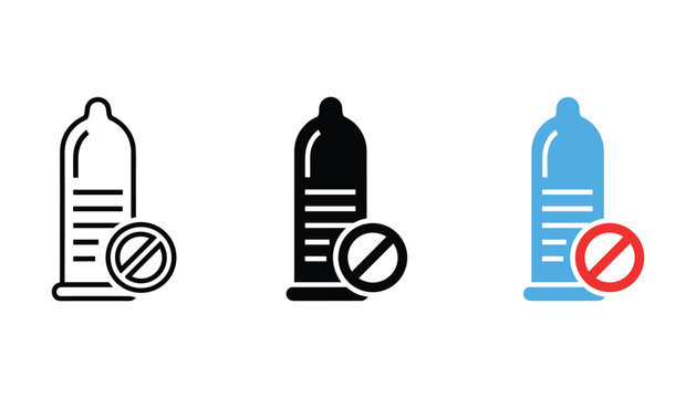 Condom icon with forbidden sign set in outline solid and blue color flat vector design symbolizing safe sex contraception awareness prevention and sexual health education resources
