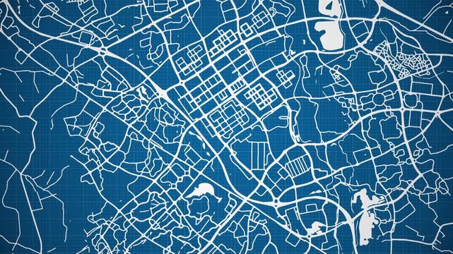 Ink reveal animation of Milton Keynes city, Buckinghamshire, United Kingdom, grid map. Aerial top view. Blueprint style. White lines with blue background. 4K Seamless loop.
