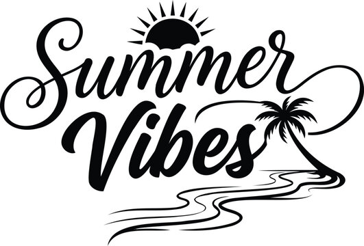 Summer Vibes Typography with Palm Tree, Sunset and Beach Landscape Hand Lettering Vector Design