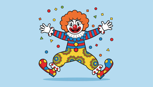 Smiling friendly circus clown jumping happily with open arms on a soft pastel blue background with confetti.