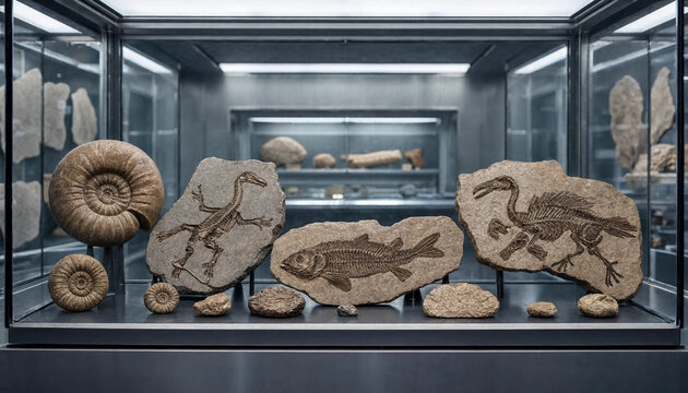 A museum exhibit featuring a collection of prehistoric fossils including ammonites and ancient skeleton remains inside a glass display case