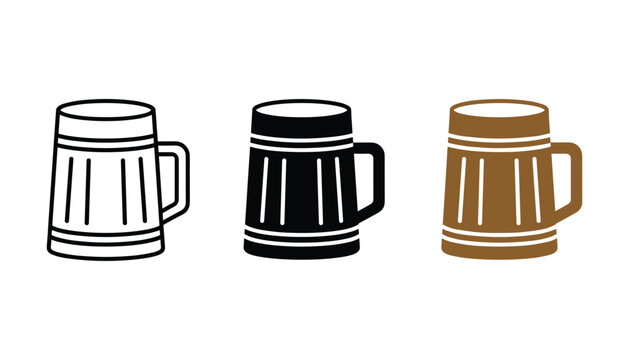 Classic beer mug icon set in outline solid and brown color variations isolated on white background for bar and pub menu design concepts in professional digital graphic applications