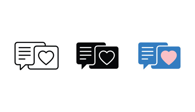 Chat bubble with heart icon set showing outline solid and flat color styles for social media communication feedback and customer interaction interface design elements on white background