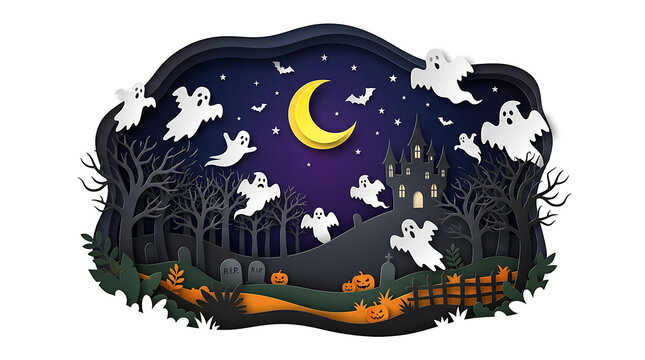 Haunted mansion stands atop a hill surrounded by ghosts and pumpkins inside a decorative layered paper frame.
