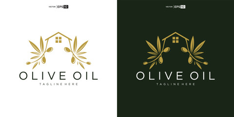 Naklejka premium Olive Oil Logo Design with House and Branches.
