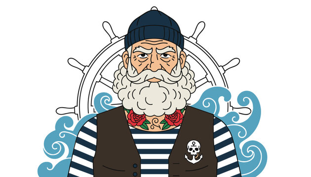 Professional portrait of a wise old sea captain with white beard standing in front of a wooden ship wheel.